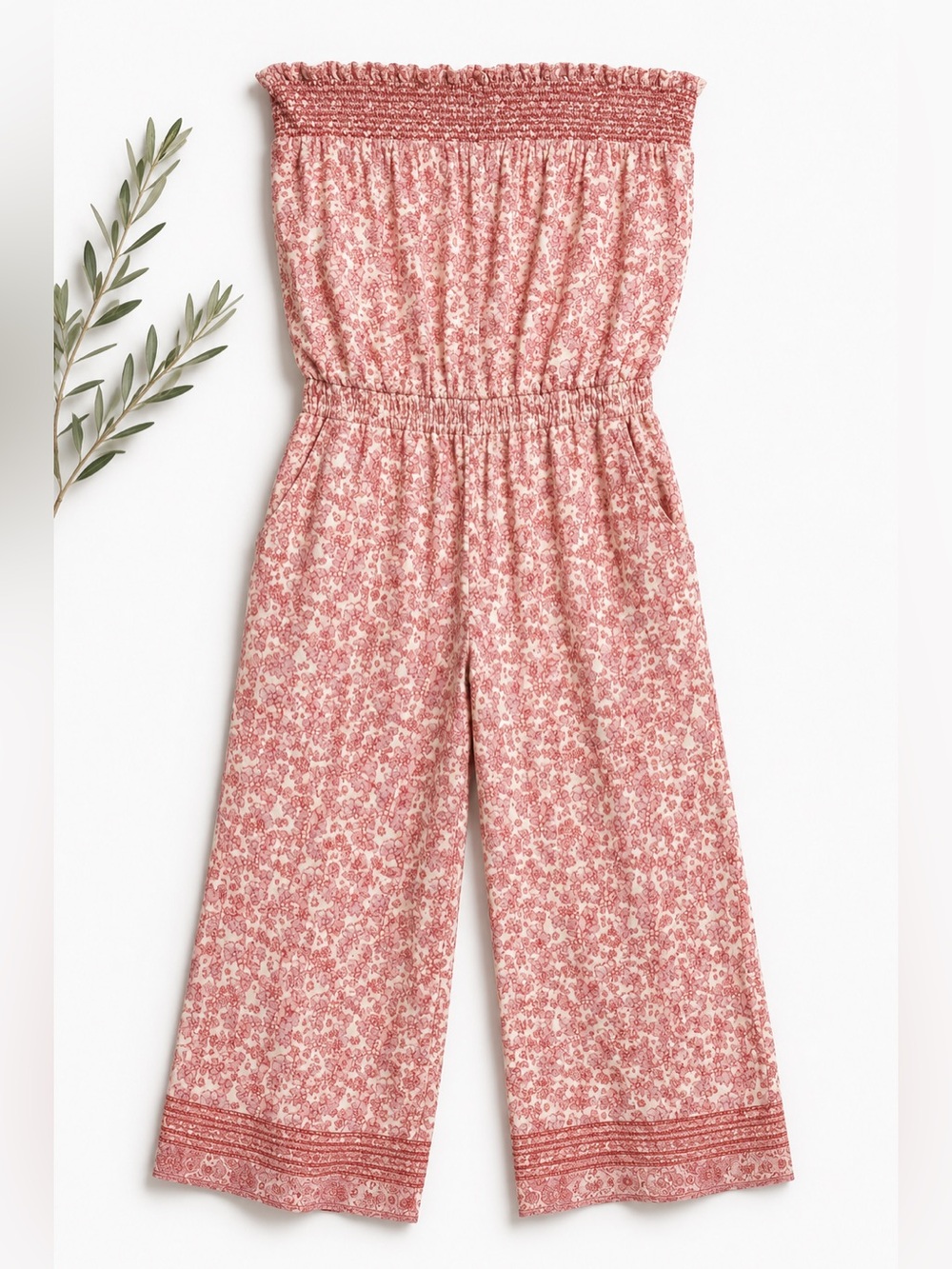 Faherty Floral Smocked Strapless Jumpsuit S Pink Coastal Boho Cropped